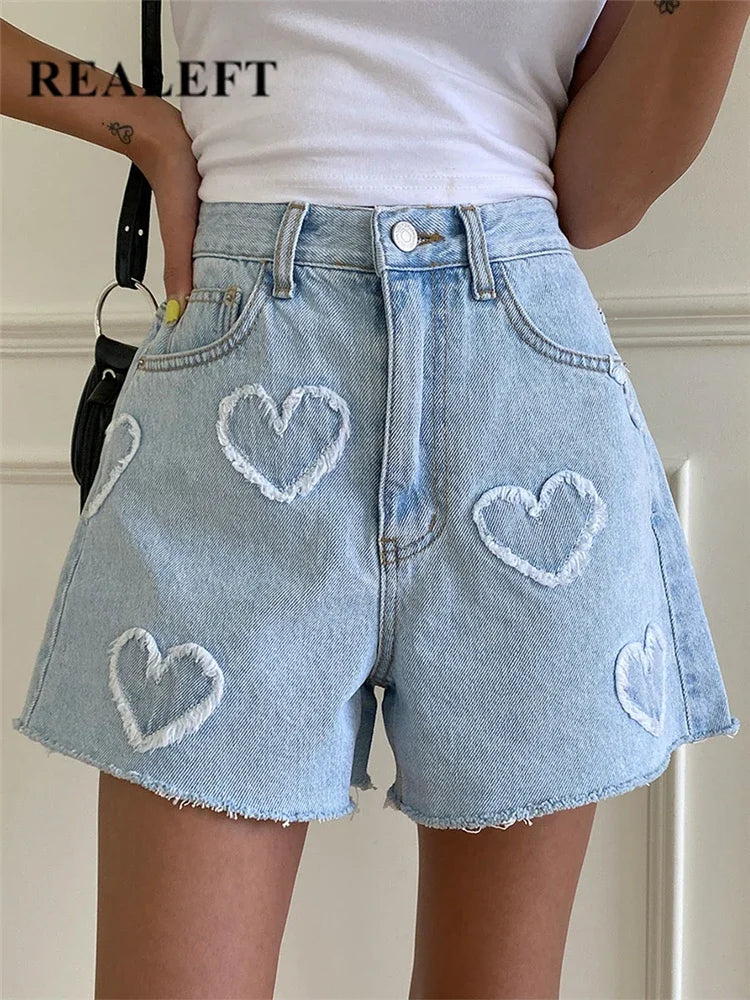 High Waist Washed LOVE Printed Women's Denim Shorts